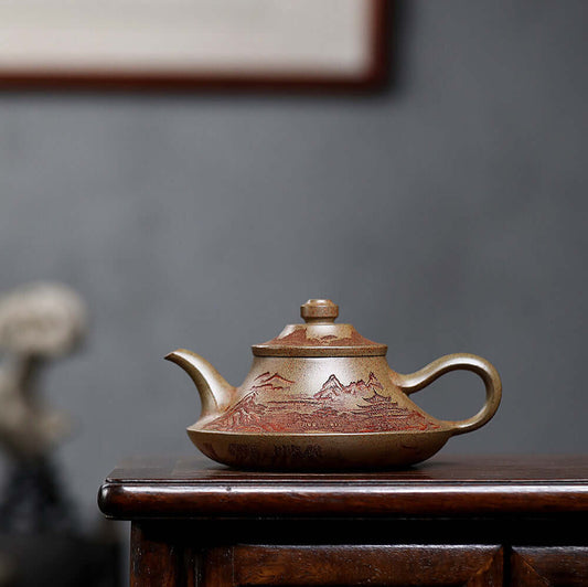 Handmade Yixing purple sand teapot with dragon back design on a wooden table, perfect for Kung Fu tea ceremonies.