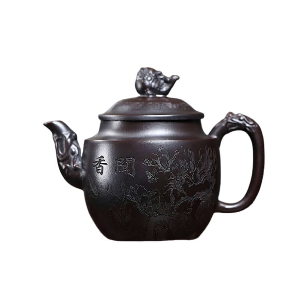 Handmade Yixing purple sand teapot with intricate design, crafted from original purple clay for kung fu tea.
