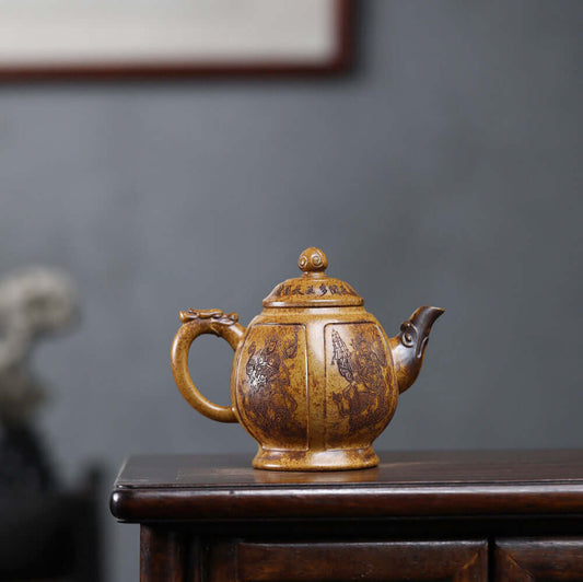 Handmade Yixing purple sand teapot featuring intricate designs, perfect for kung fu tea sets and tea enthusiasts.