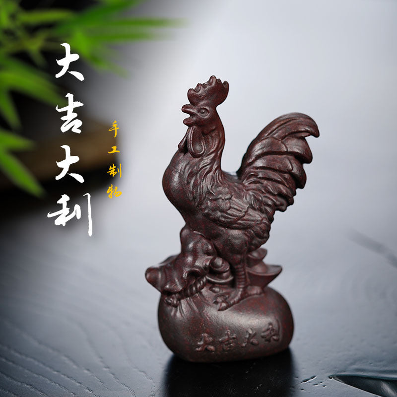 Handmade Yixing purple sand tea pet sculpture of a rooster, crafted by Yixing artisans, original raw ore art piece.