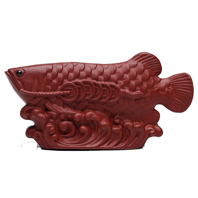 Handmade Yixing purple sand tea pet ornament of a dragon fish, perfect for tea play and collection.