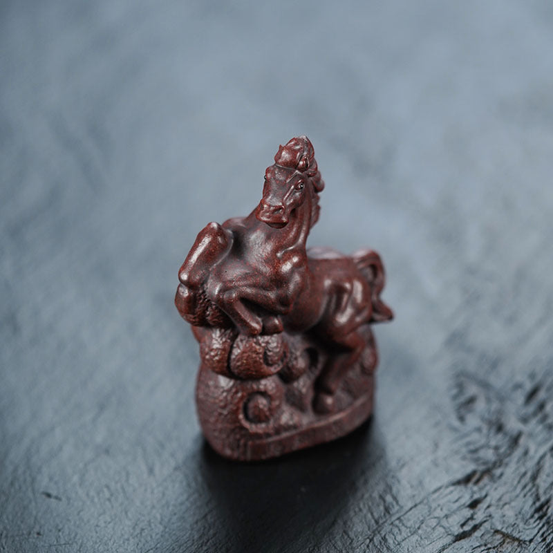 Handmade Yixing purple sand tea pet ornament, intricate horse design, unique antique for tea set decor.