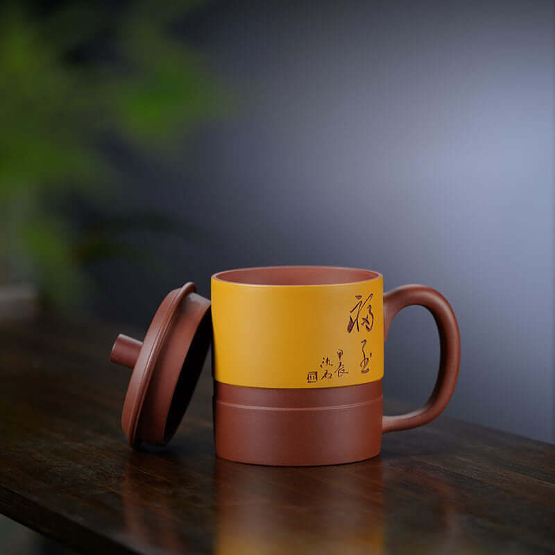 Handmade Yixing purple sand cup with cover, showcasing original craftsmanship and large capacity for soaking tea.