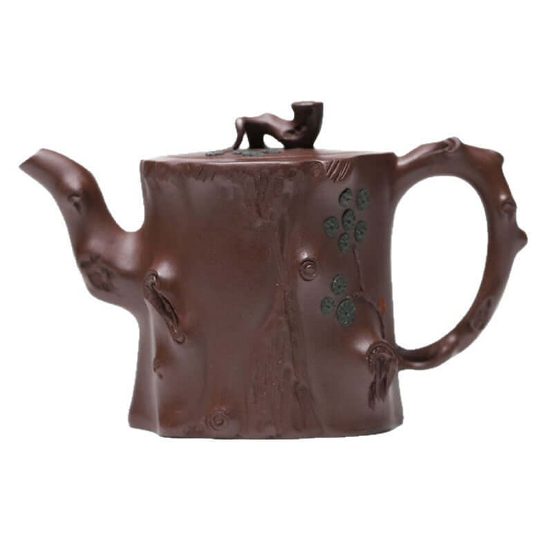 Handmade Yixing purple sand teapot, crafted in original purple sand, featuring unique tree stump design.