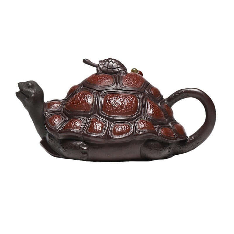 Handmade Yixing purple sand teapot in tortoise design, crafted from original purple sand, perfect for tea enthusiasts.