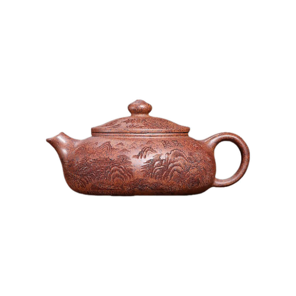 Handmade Yixing purple sand teapot featuring intricate designs, ideal for Kung Fu tea ceremonies.