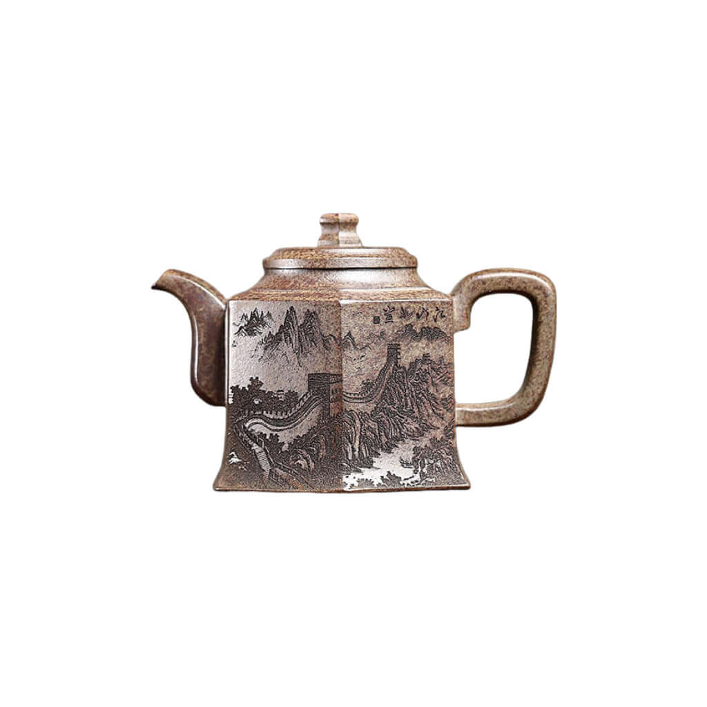 Handmade Yixing purple sand teapot with intricate landscape design, perfect for Kung Fu tea sets and home decor.