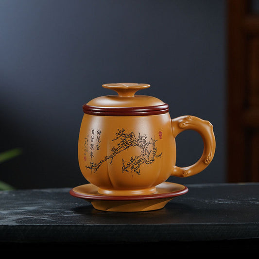 Handmade Yixing original purple sand teapot with plum blossom design, large-capacity tea cup with lid.