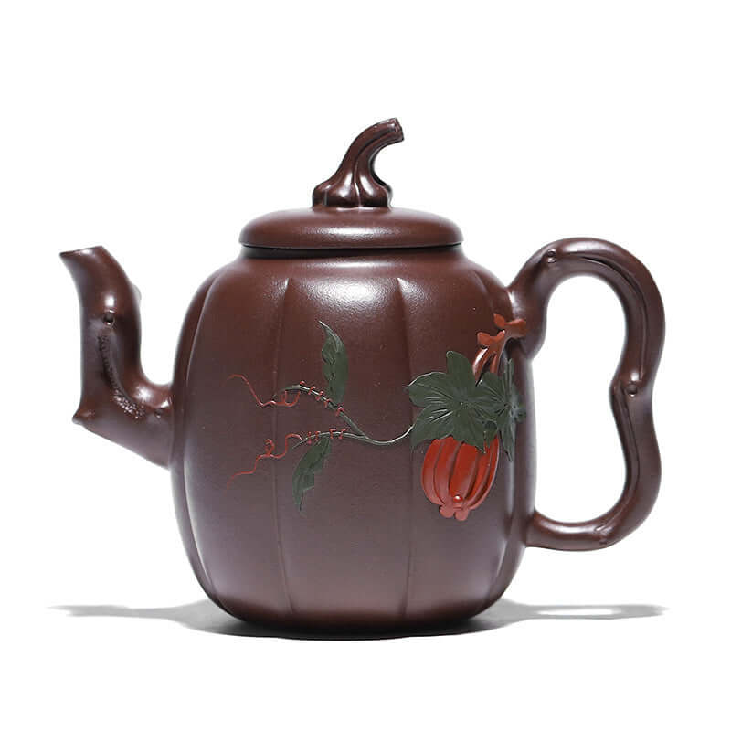 Handmade Yixing purple sand teapot with pumpkin design, featuring elegant curves and vibrant colors, ideal for kung fu tea sets.