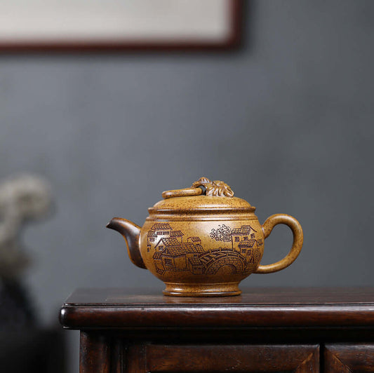 Handmade Yixing purple sand teapot with intricate design, perfect for Kung Fu tea sets, crafted by skilled artisans.