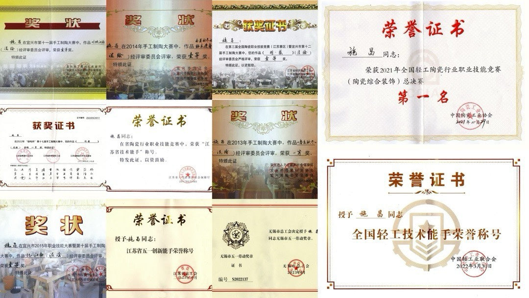 A collage of various award certificates showcasing achievements in craftsmanship and competitions.