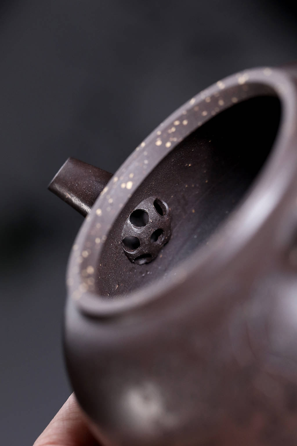 Close-up of a handmade Yixing purple sand teapot spout, showcasing unique, intricate design and craftsmanship.