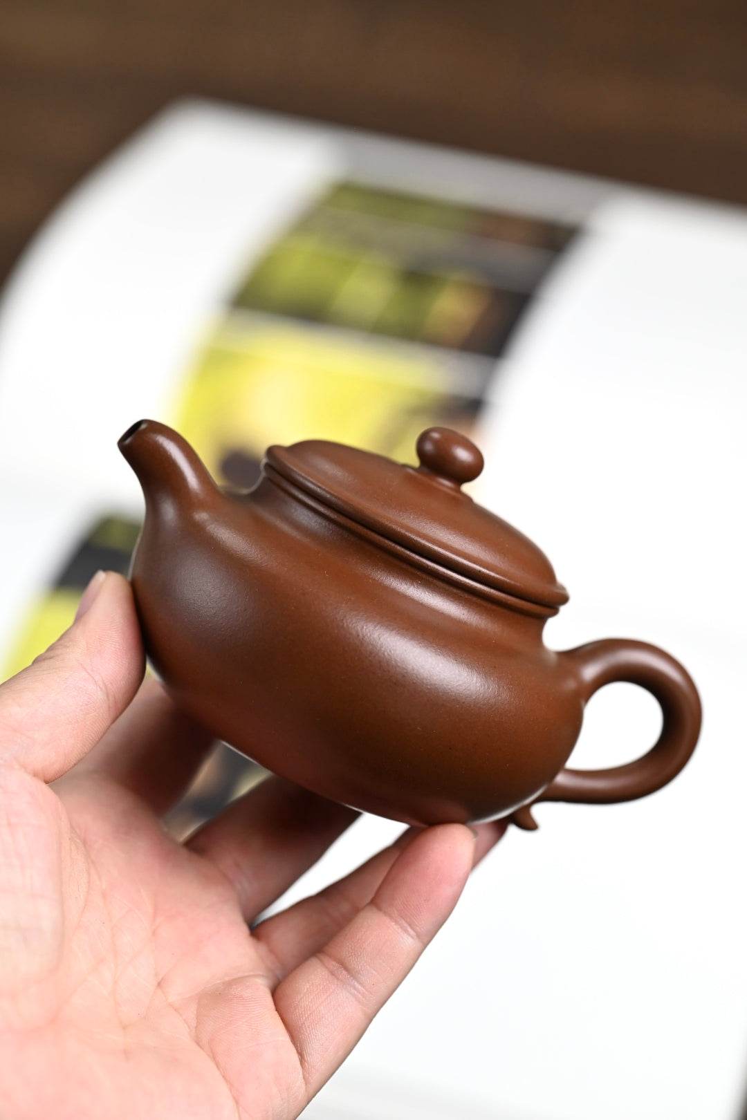 Handmade Yixing purple sand teapot held in hand, showcasing its elegant design and craftsmanship.