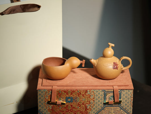 葫芦壶套组 | 【优质段泥·传统手制·全手工薄胎·仿生器·花器茶壶130cc 主人杯120cc 实力派作品 一壶一杯】