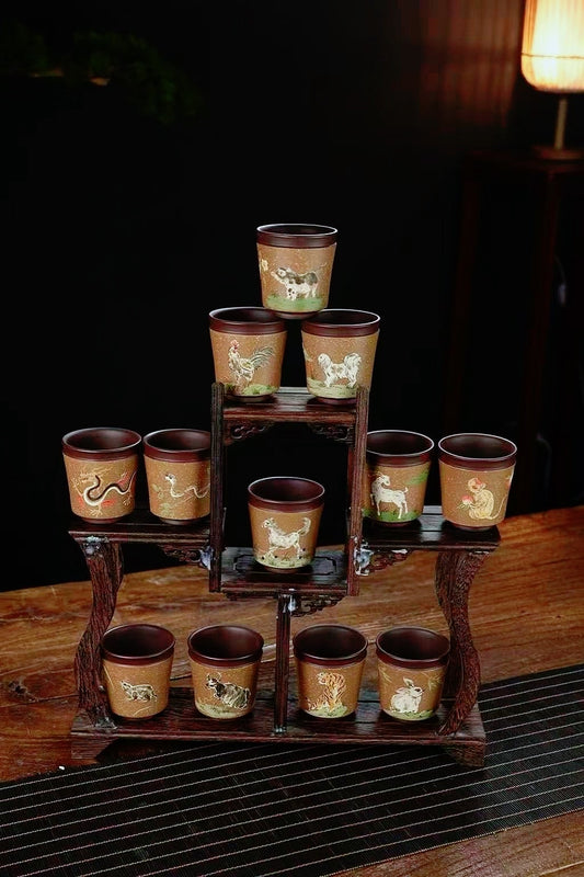 【十二生肖粉浆套装主人杯】泥绘主人杯优选原矿老紫泥