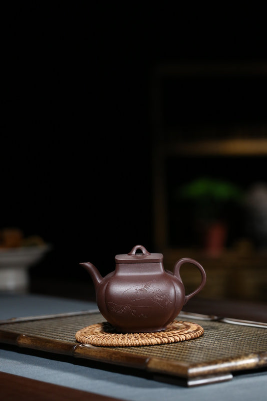 全手工制作【四方兰春】曹美好 (国家级工艺美术师) 原矿紫泥 容量270cc 14孔