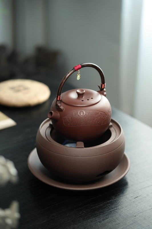 太白提梁煮水壶(陶刻款)【优质高温紫砂泥 手工制作 1000cc 煮茶壶 民间实力派作品】