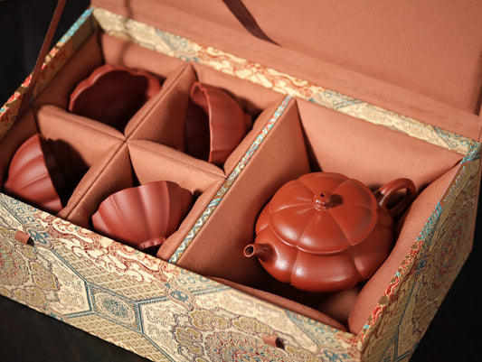 菱花明炉套组【全手工· 传统手制· 筋纹器 ·优质朱泥·180cc·14孔· 民间实力派 一壶四杯】