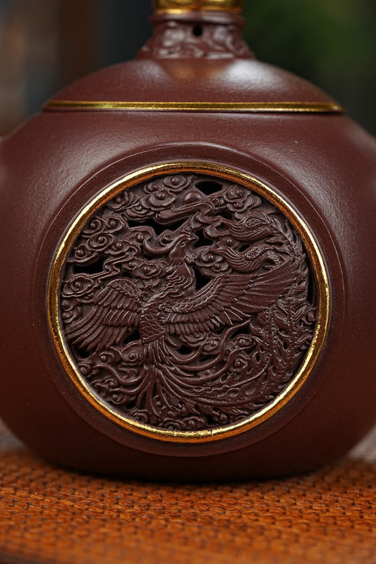 双工新品【龙凤呈祥套组】家藏茄皮紫 一壶两杯 一龙一凤600cc 全手工制作