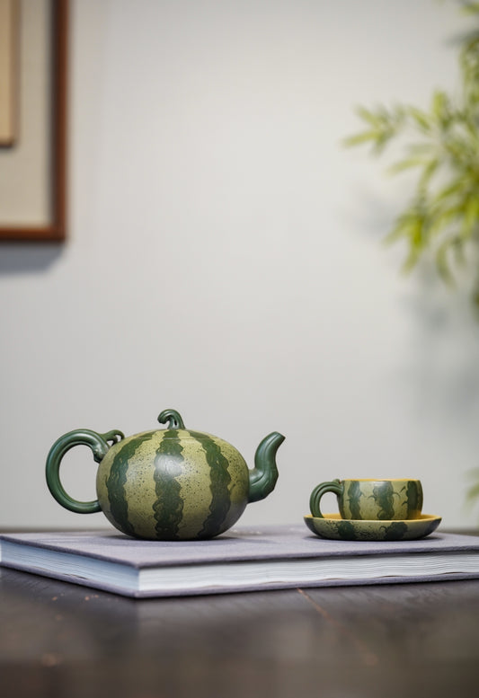 重器传承·紫砂七老花器泰斗蒋蓉唯一传人·蒋艺华制【西瓜套组】原矿本山绿泥粉浆·430cc