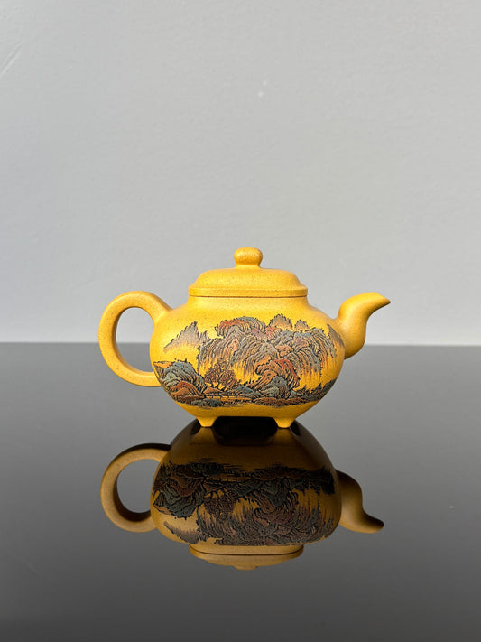 紫砂界彩刻山水第一人·李峰巅峰臻品《传炉壶》礼藏双绝 传世重器! ——原矿优质黄金段·300cc