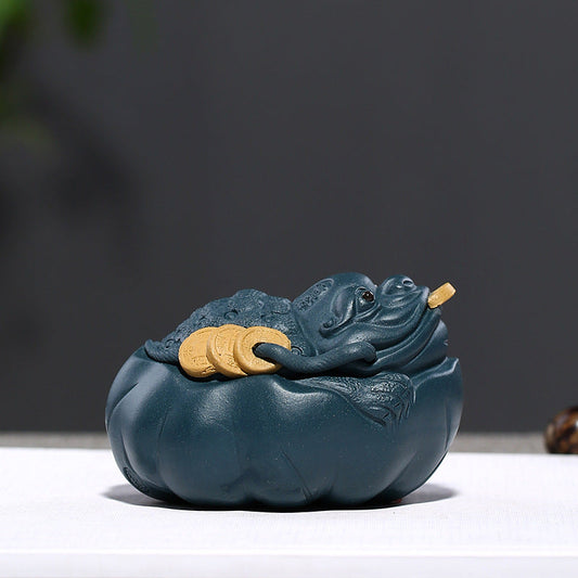 Handmade Yixing purple sand lotus leaf Golden Toad decoration for tea ceremony, showcasing original craftsmanship.