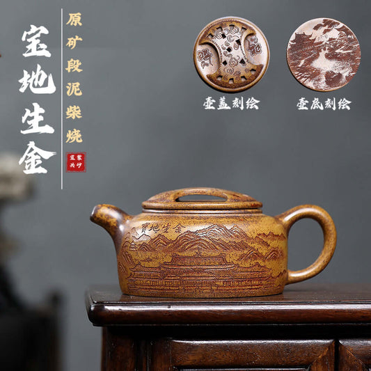 Handmade Yixing purple sand teapot crafted from original purple clay, showcasing intricate design and large capacity for household use.