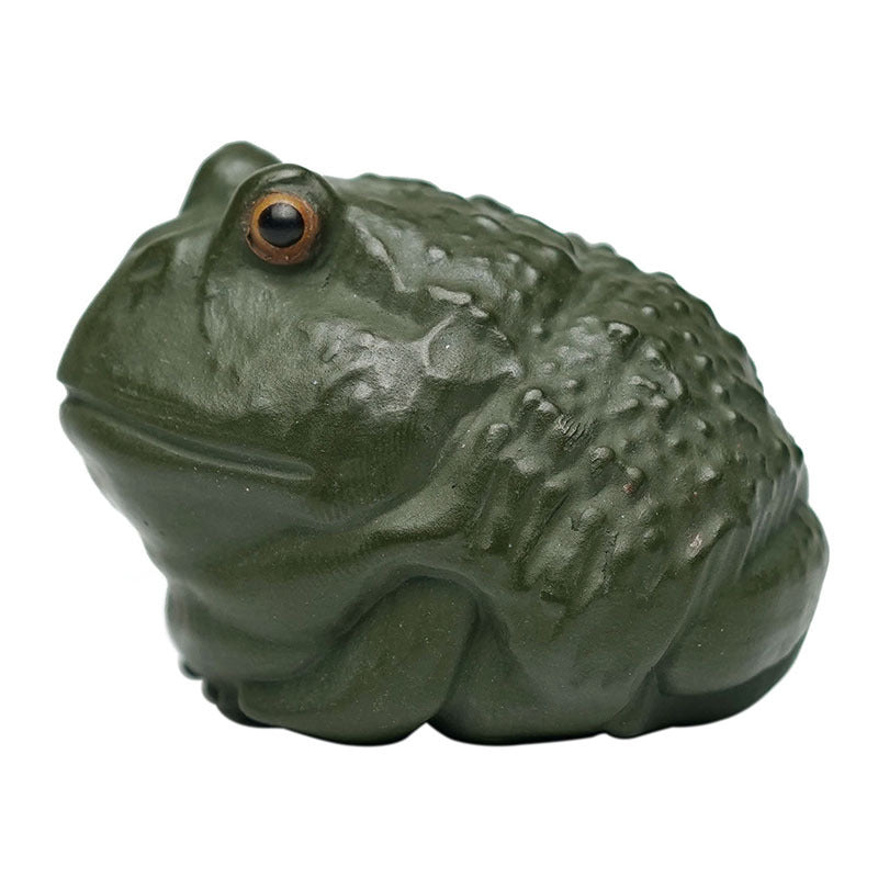 Handmade Yixing purple sand frog sculpture, unique green clay tea pet ornament for tea table decor and creative gifting.