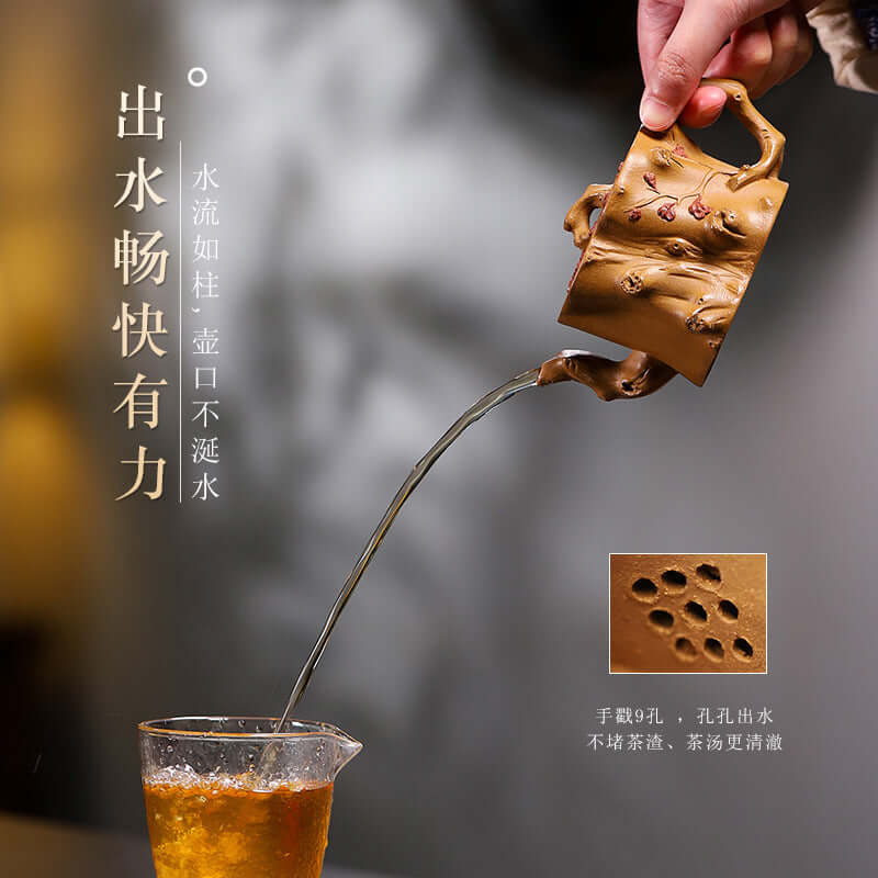 Handmade Yixing purple sand teapot pouring tea smoothly, showcasing traditional craftsmanship and elegant design.