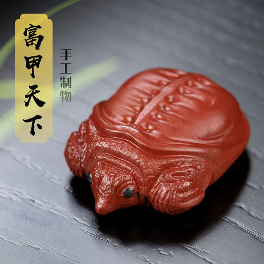 Handmade Yixing purple sand tea pet ornament, rich armor design with intricate details, perfect for tea lovers and gifts.
