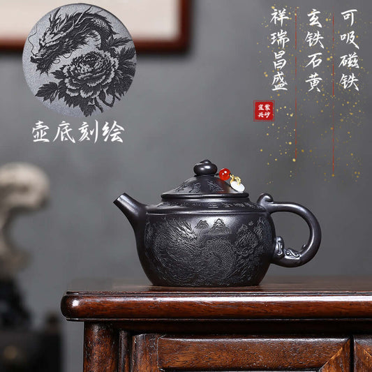 Handmade Yixing purple sand teapot featuring intricate dragon design, perfect for kung fu tea sets and tea enthusiasts.