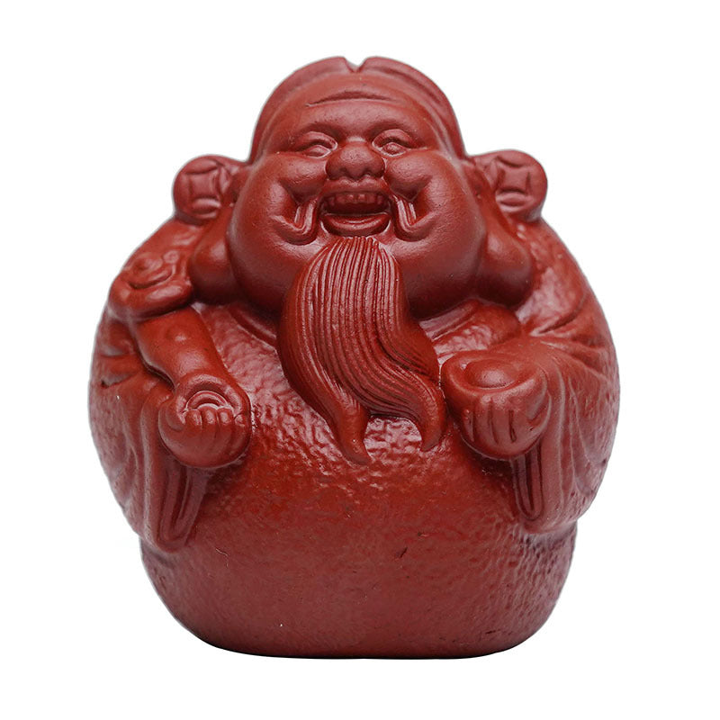 Handmade Yixing purple sand tea pet ornament of the God of Wealth, ideal for tea tables and Kung Fu tea sets.