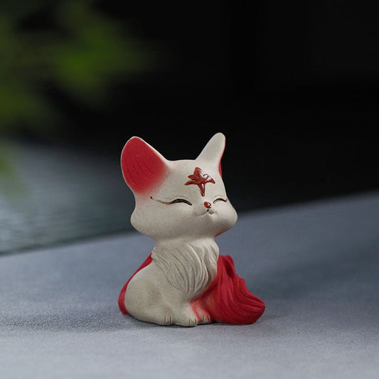 Handmade Yixing purple sand tea pet ornament, red nine-tailed fox for tea ceremony, perfect tea set gift.