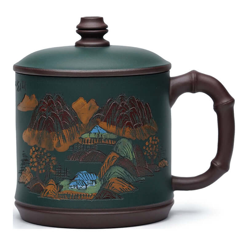 Handmade Yixing purple sand tea cup with landscape engraving, commercial men's tea cup, unique design and craftsmanship.