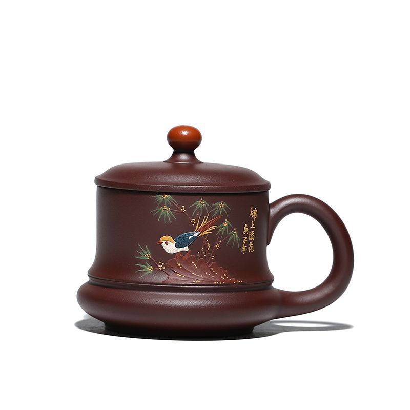 Handmade Yixing purple sand tea cup with bird and floral design, featuring unique round lid and comfortable handle.