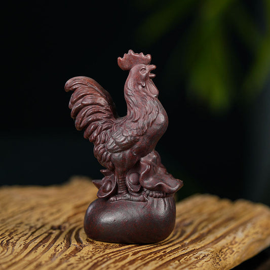 Handmade Yixing purple sand tea pet rooster ornament, perfect for tea accessories and good luck decoration.