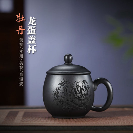 Handmade Yixing purple sand tea set featuring a dark green enamel peony dragon egg cover cup, perfect for tea lovers.