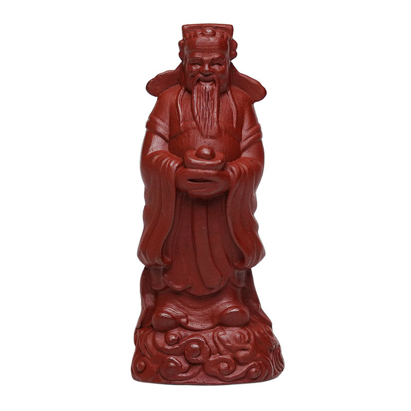 Handmade Yixing purple sand God of Wealth ornament in a red robe, symbolizing fortune and longevity for tea lovers.
