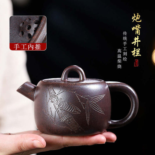 Handmade Yixing purple sand teapot showcasing intricate bamboo carvings and ball hole design, ideal for tea enthusiasts.