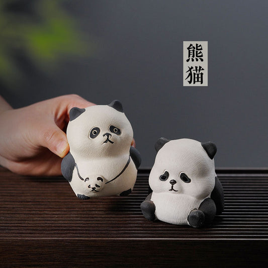 Handmade Yixing purple sand panda tea pets, cute ceramic crafts for tea lovers, perfect for decorative and functional use.