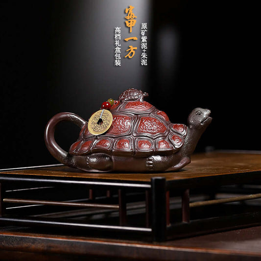 Handmade Yixing purple sand teapot in tortoise shape, crafted from original purple sand, ideal for household tea brewing.