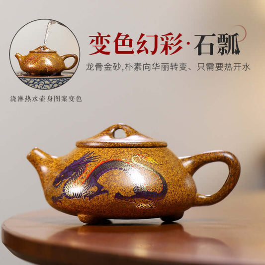 Handmade Yixing purple sand teapot with color-changing effect, featuring a detailed dragon design, perfect for tea enthusiasts.