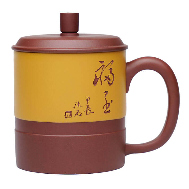 Handmade Yixing purple sand teapot with yellow and brown design, large capacity, ideal for soaking tea.