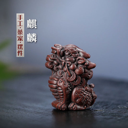 Handmade Yixing purple sand Kirin tea pet figure, portable car hanging ornament, unique craftsmanship.
