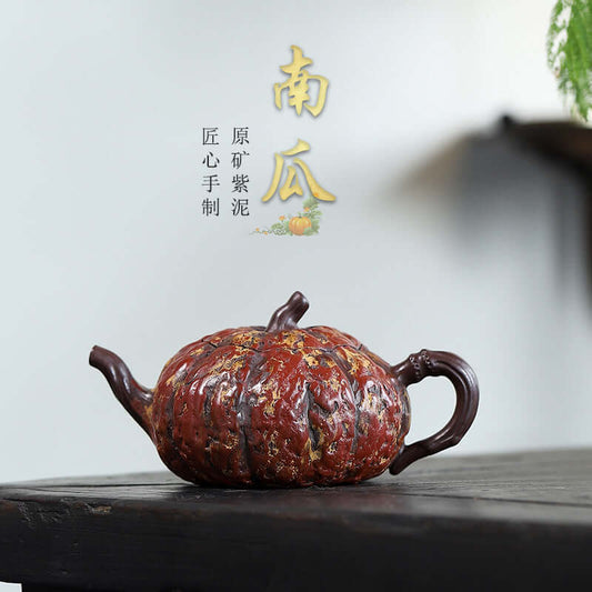 Handmade Yixing purple sand teapot shaped like a pumpkin, showcasing original purple clay craftsmanship.