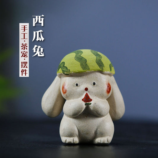 Cute handmade purple clay rabbit ornament, part of the garden series, ideal for tea lovers and desktop decor.