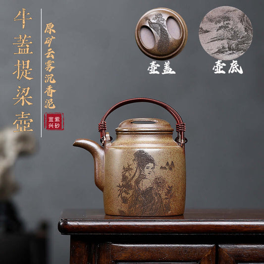 Handmade Yixing purple sand teapot with artistic design, crafted from original clay for kung fu tea set, featuring a cow cover.