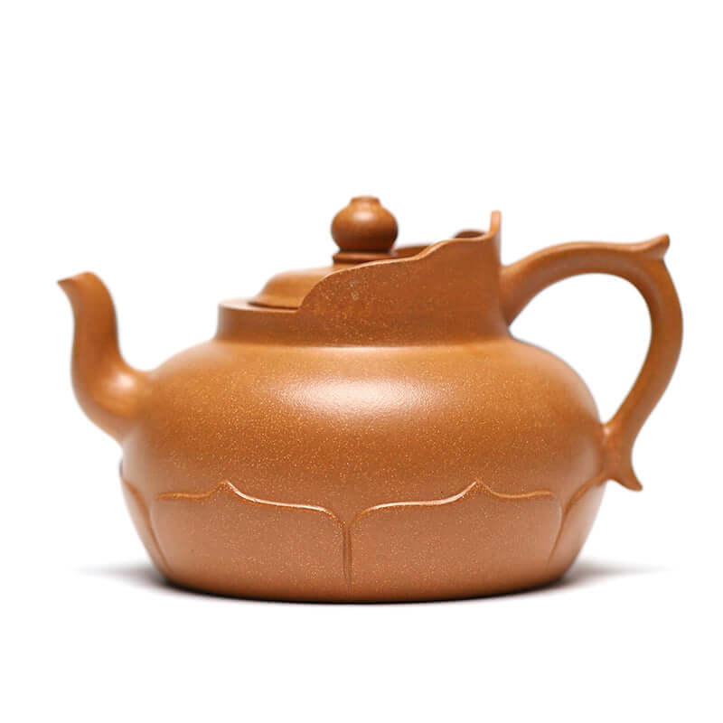 Handmade Yixing purple sand teapot featuring elegant lotus design and smooth curves, perfect for Kung Fu tea set.