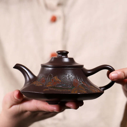 Handmade Yixing purple sand teapot with artistic design, showcasing traditional craftsmanship and elegant lines.