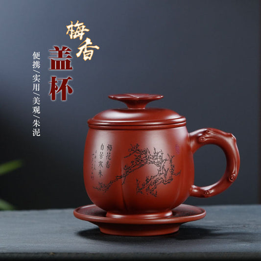 Handmade Yixing purple sand lid cup set with intricate plum blossom design for tea lovers.